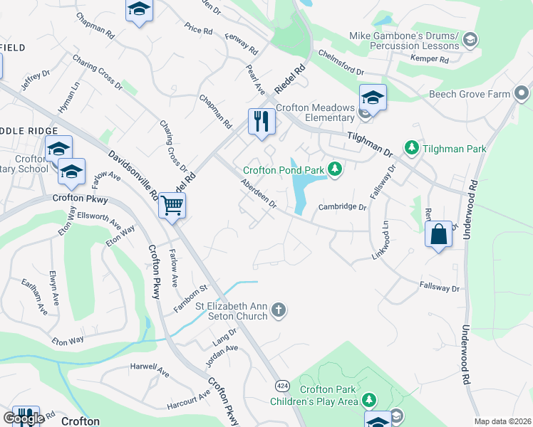 map of restaurants, bars, coffee shops, grocery stores, and more near Aberdeen Circle in Crofton