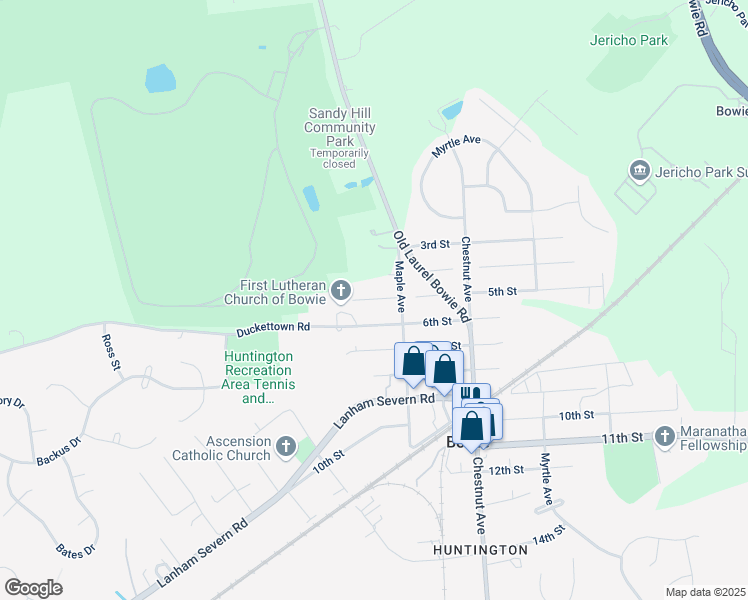 map of restaurants, bars, coffee shops, grocery stores, and more near 5th Street in Bowie