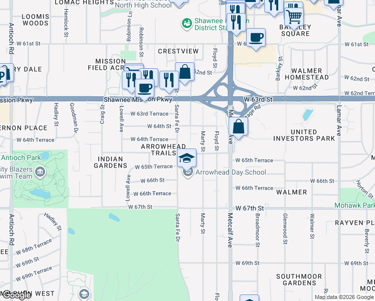 map of restaurants, bars, coffee shops, grocery stores, and more near 6431 Riley Street in Mission