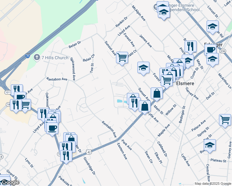 map of restaurants, bars, coffee shops, grocery stores, and more near 205 Cave Run Drive in Erlanger