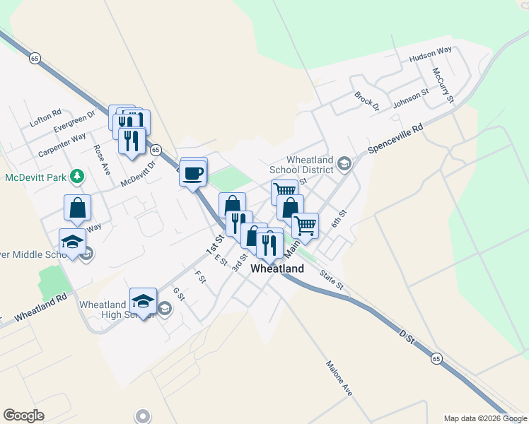 map of restaurants, bars, coffee shops, grocery stores, and more near 407 Olive Street in Wheatland