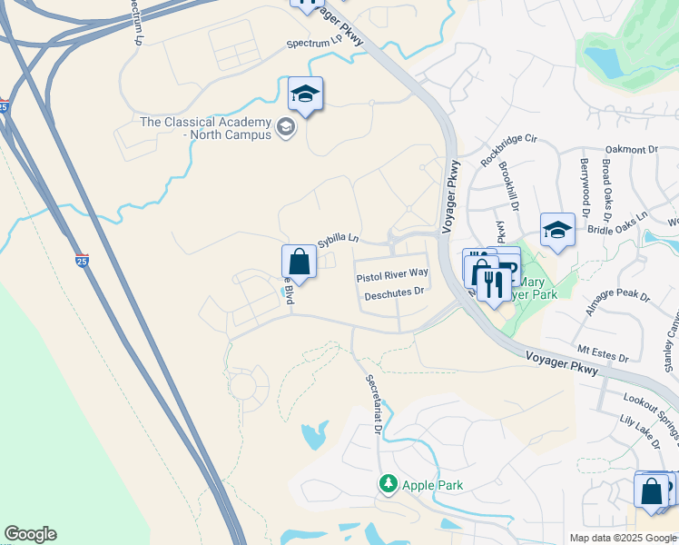 map of restaurants, bars, coffee shops, grocery stores, and more near 12364 Brandon Drive in Colorado Springs