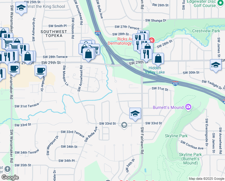 map of restaurants, bars, coffee shops, grocery stores, and more near 3017 Southwest McClure Road in Topeka