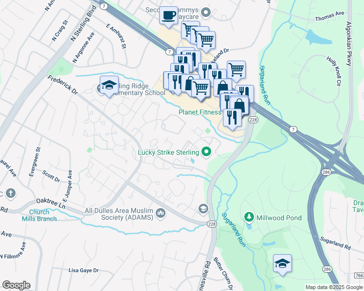map of restaurants, bars, coffee shops, grocery stores, and more near 21811 Baldwin Square in Sterling