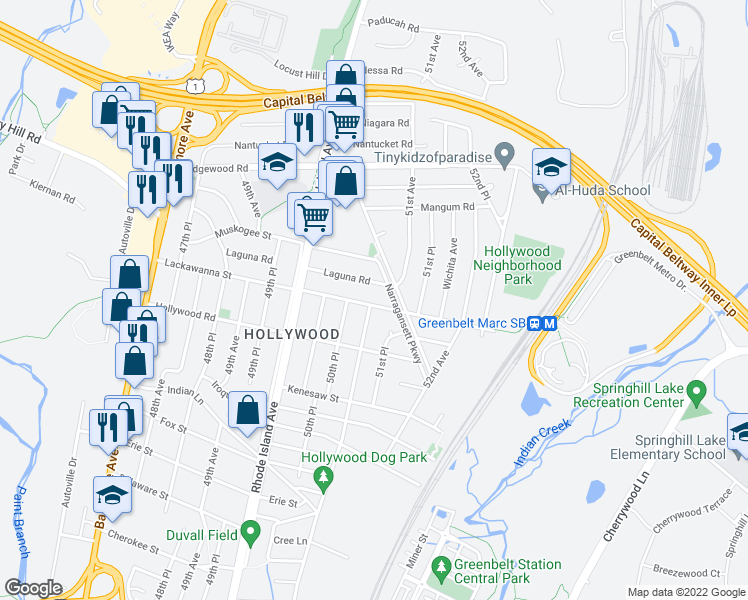 map of restaurants, bars, coffee shops, grocery stores, and more near 5100 Lackawanna Street in College Park