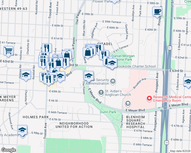 map of restaurants, bars, coffee shops, grocery stores, and more near Paseo Boulevard in Kansas City