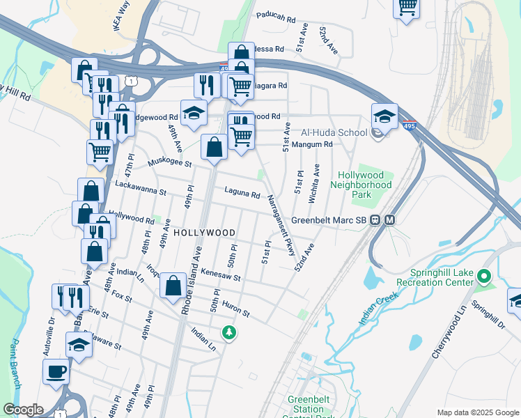 map of restaurants, bars, coffee shops, grocery stores, and more near 5100 Lackawanna Street in College Park