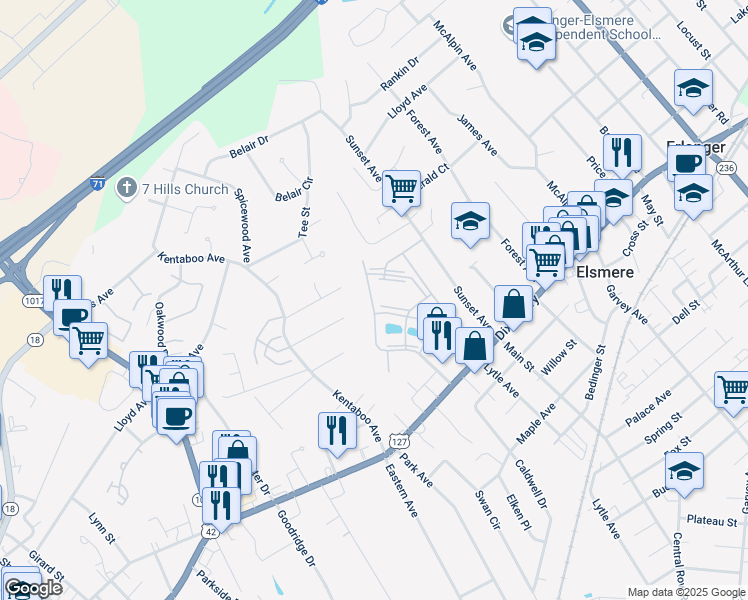 map of restaurants, bars, coffee shops, grocery stores, and more near 205 Cave Run Drive in Erlanger