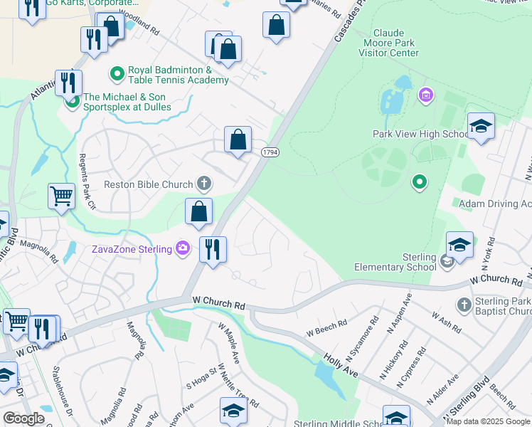 map of restaurants, bars, coffee shops, grocery stores, and more near 45846 Cabin Branch Drive in Sterling