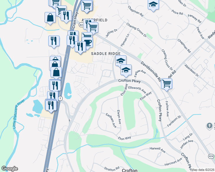 map of restaurants, bars, coffee shops, grocery stores, and more near 1581 Crofton Parkway in Crofton
