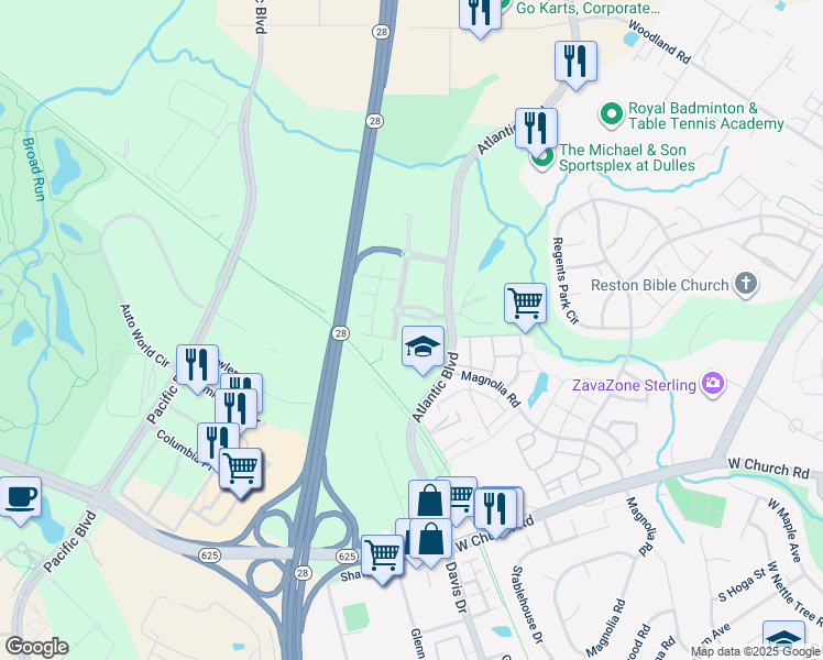 map of restaurants, bars, coffee shops, grocery stores, and more near 45301 Warp Drive in Sterling