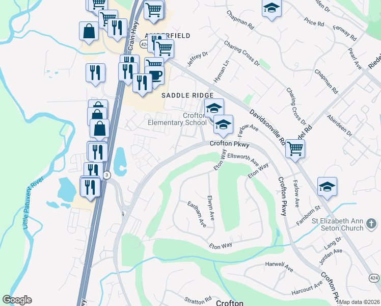 map of restaurants, bars, coffee shops, grocery stores, and more near 1581 Crofton Parkway in Crofton