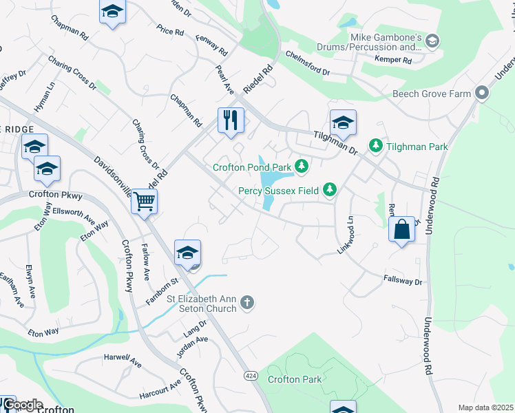 map of restaurants, bars, coffee shops, grocery stores, and more near 1745 Leisure Way in Crofton