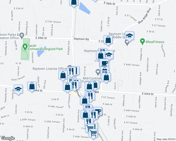 map of restaurants, bars, coffee shops, grocery stores, and more near 6124 Raytown Road in Raytown