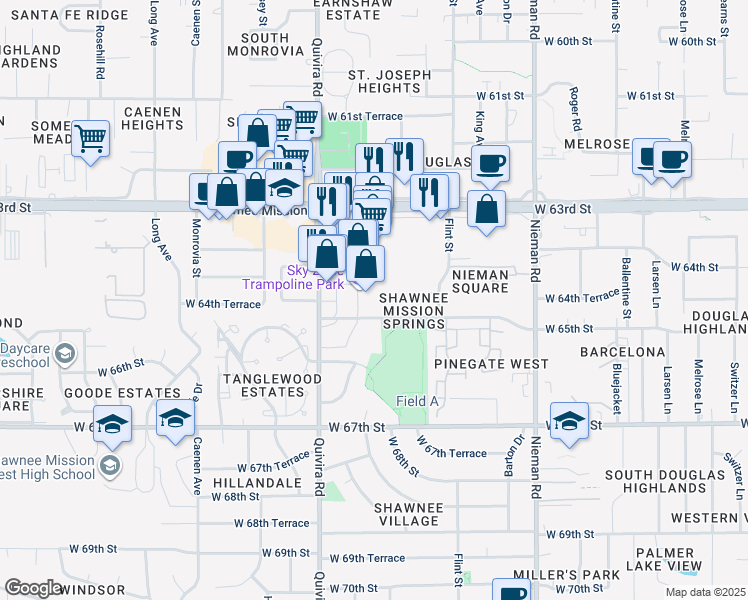 map of restaurants, bars, coffee shops, grocery stores, and more near 6451 Quivira Road in Shawnee