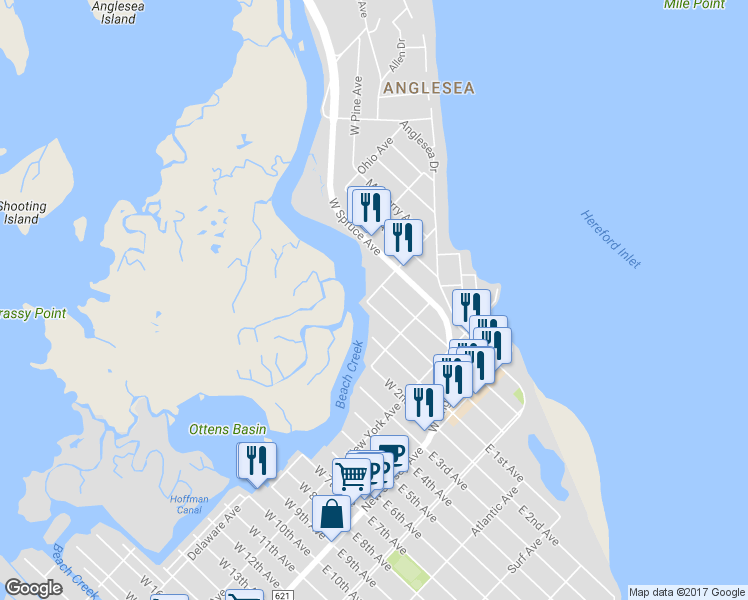 map of restaurants, bars, coffee shops, grocery stores, and more near 201 Maryland Avenue in North Wildwood