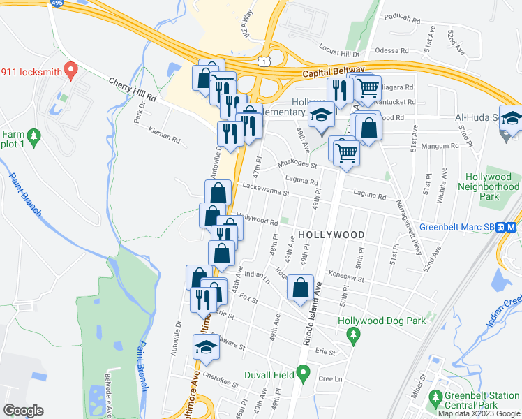 map of restaurants, bars, coffee shops, grocery stores, and more near 9604 48th Avenue in College Park