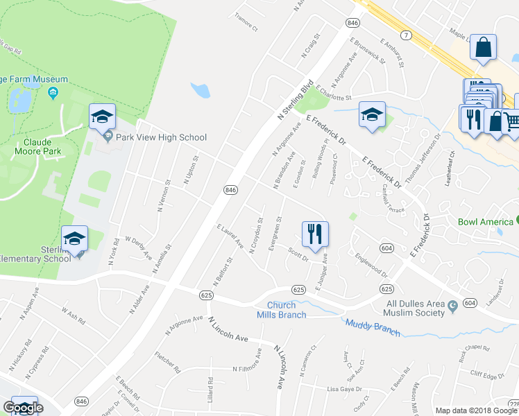 map of restaurants, bars, coffee shops, grocery stores, and more near 204 East Kingsley Avenue in Sterling