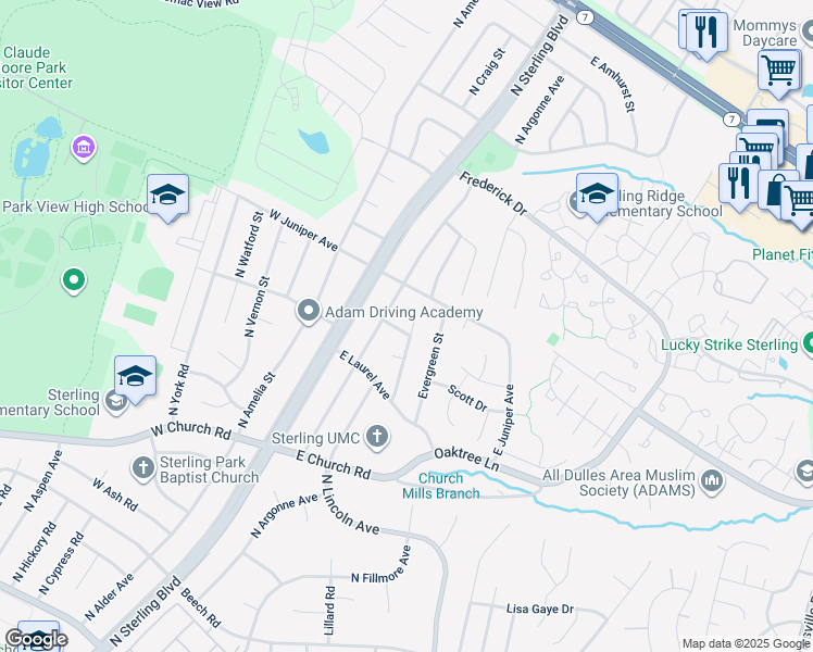 map of restaurants, bars, coffee shops, grocery stores, and more near 204 East Kingsley Avenue in Sterling