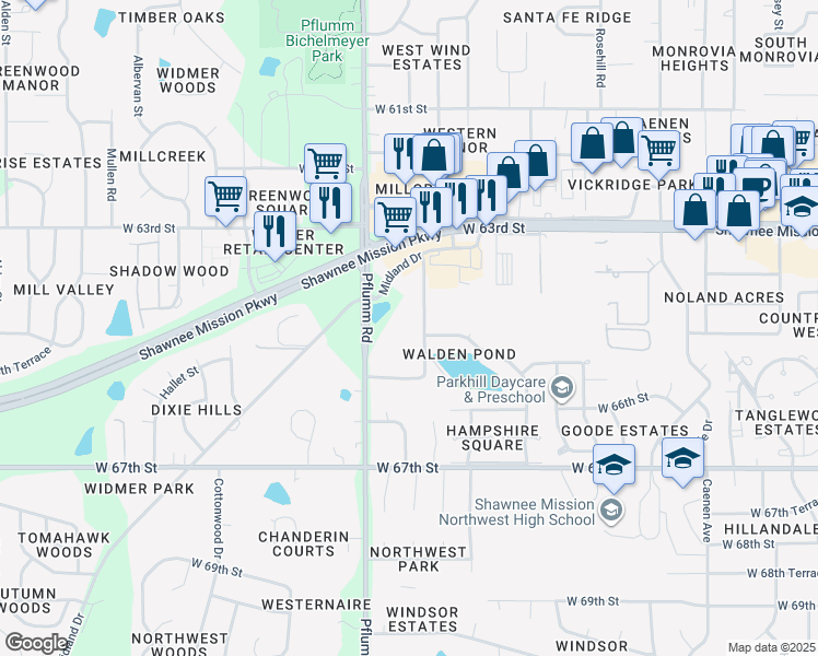 map of restaurants, bars, coffee shops, grocery stores, and more near 6410 Caenen Lake Road in Shawnee