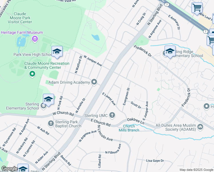 map of restaurants, bars, coffee shops, grocery stores, and more near 808 North Sterling Boulevard in Sterling