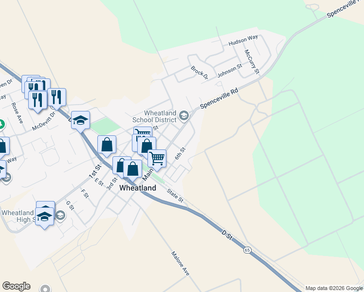 map of restaurants, bars, coffee shops, grocery stores, and more near 214 Main Street in Wheatland