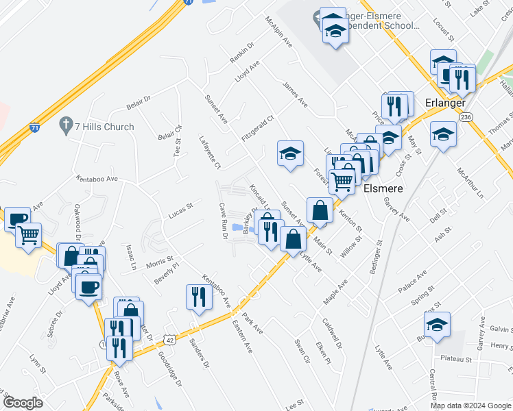 map of restaurants, bars, coffee shops, grocery stores, and more near 131 Kincaid Lane in Erlanger