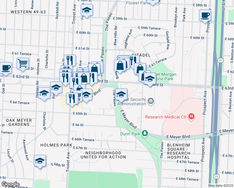 map of restaurants, bars, coffee shops, grocery stores, and more near 6401 The Paseo in Kansas City