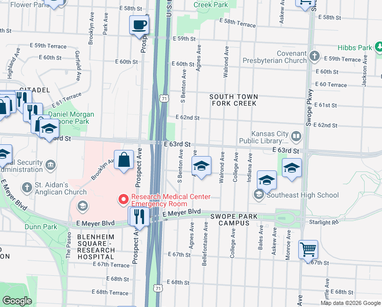 map of restaurants, bars, coffee shops, grocery stores, and more near 2901 East 63rd Street in Kansas City