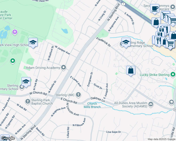 map of restaurants, bars, coffee shops, grocery stores, and more near 902 Croydon Court in Sterling