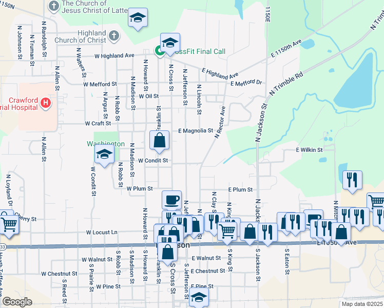 map of restaurants, bars, coffee shops, grocery stores, and more near 700-898 North Jefferson Street in Robinson