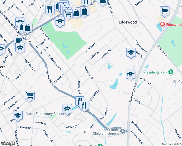map of restaurants, bars, coffee shops, grocery stores, and more near 530 Perimeter Drive in Erlanger