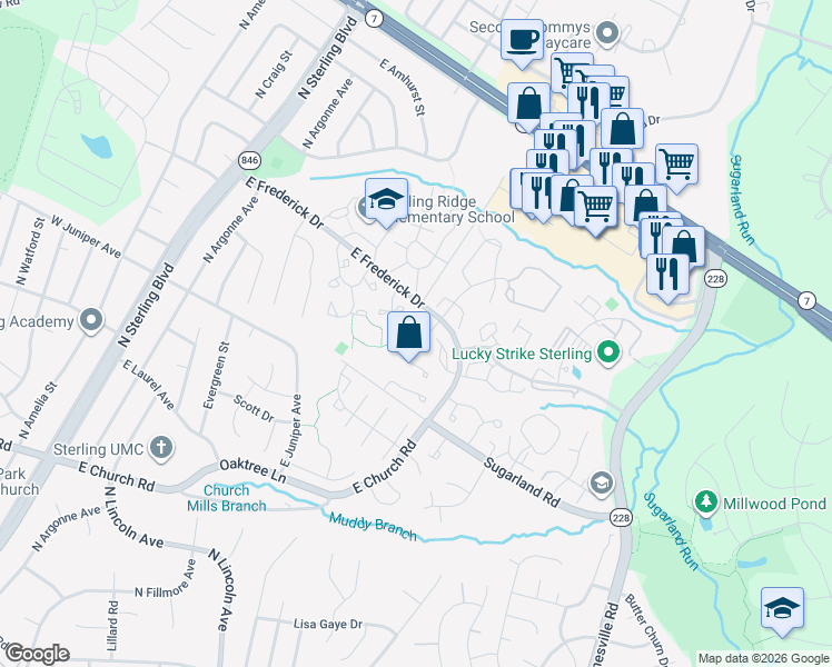 map of restaurants, bars, coffee shops, grocery stores, and more near 21819 Stonington Square in Sterling
