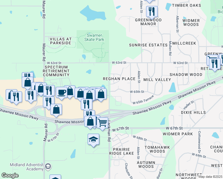 map of restaurants, bars, coffee shops, grocery stores, and more near 14920 West 65th Street in Shawnee