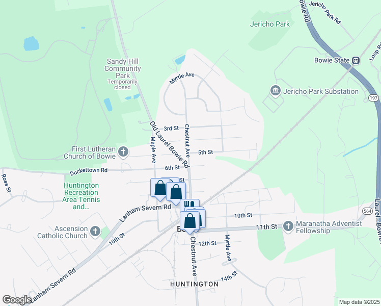 map of restaurants, bars, coffee shops, grocery stores, and more near 5th Street in Bowie