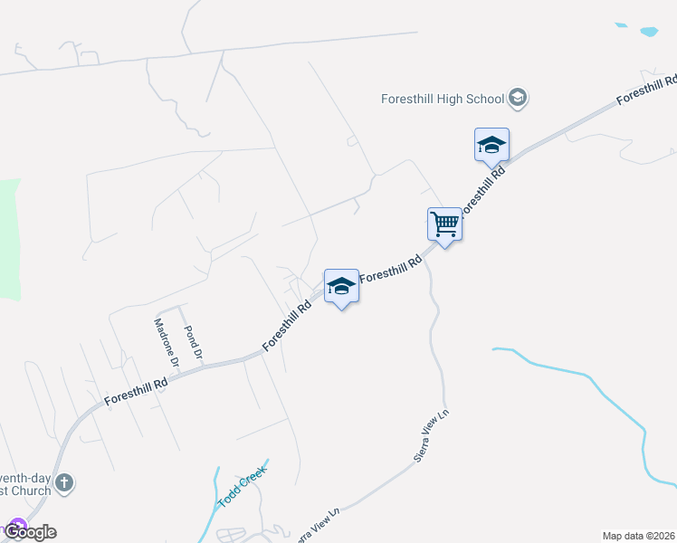 map of restaurants, bars, coffee shops, grocery stores, and more near 5995 Thomas Street in Foresthill