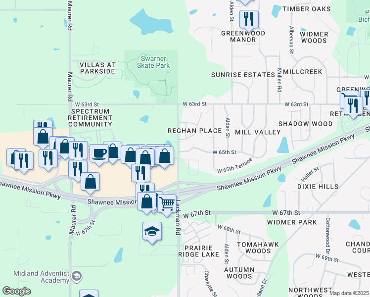 map of restaurants, bars, coffee shops, grocery stores, and more near 14920 West 65th Street in Shawnee