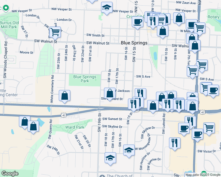 map of restaurants, bars, coffee shops, grocery stores, and more near 708 Southwest 18 Street in Blue Springs