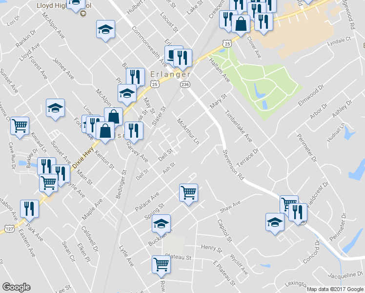 map of restaurants, bars, coffee shops, grocery stores, and more near 3611 Dell Street in Elsmere