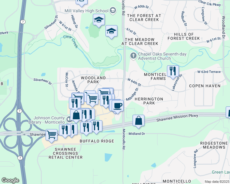 map of restaurants, bars, coffee shops, grocery stores, and more near 22003 West 64th Terrace in Shawnee