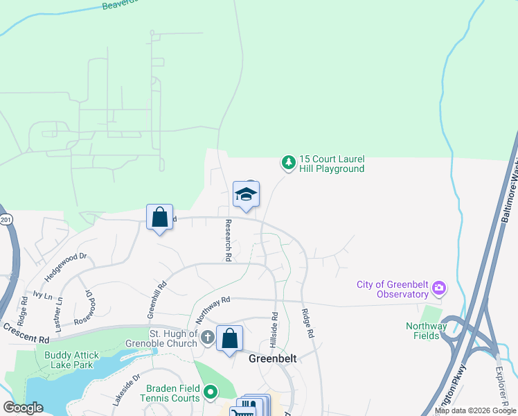 map of restaurants, bars, coffee shops, grocery stores, and more near 15 Laurel Hill Road in Greenbelt