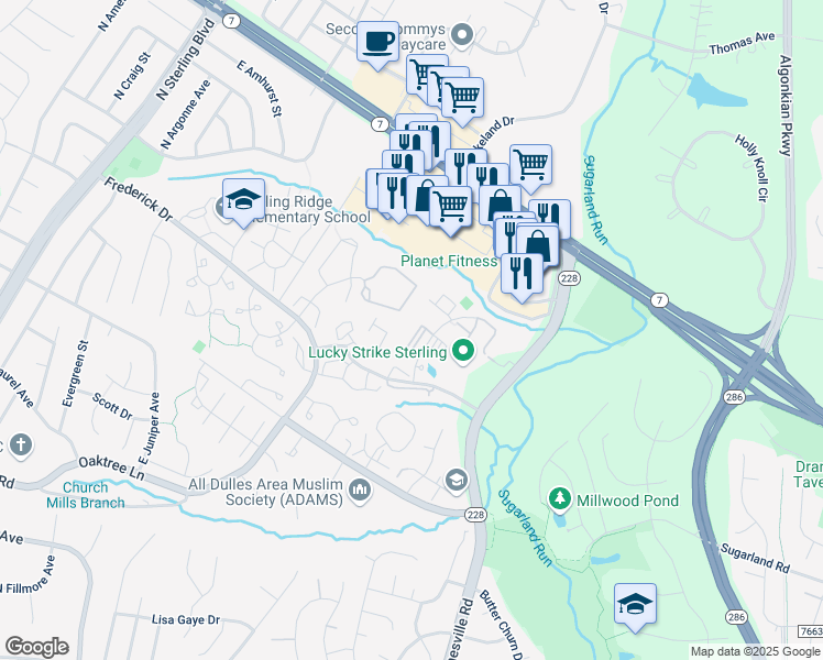 map of restaurants, bars, coffee shops, grocery stores, and more near 21811 Baldwin Square in Sterling