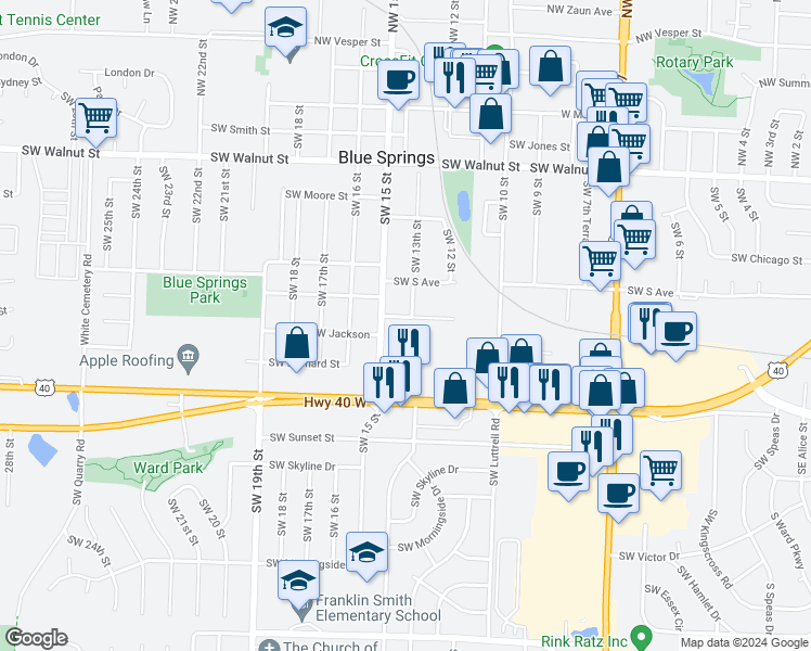 map of restaurants, bars, coffee shops, grocery stores, and more near 1304 Southwest Eugene Street in Blue Springs