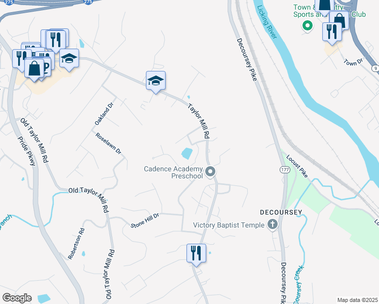 map of restaurants, bars, coffee shops, grocery stores, and more near 725 Rosewood Drive in Taylor Mill