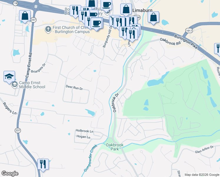 map of restaurants, bars, coffee shops, grocery stores, and more near 2279 Paragon Mill Drive in Burlington