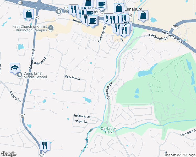 map of restaurants, bars, coffee shops, grocery stores, and more near 2279 Paragon Mill Drive in Burlington