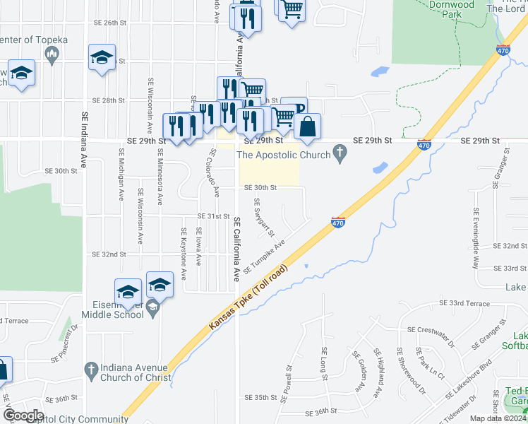 map of restaurants, bars, coffee shops, grocery stores, and more near 3025 Southeast Swygart Street in Topeka