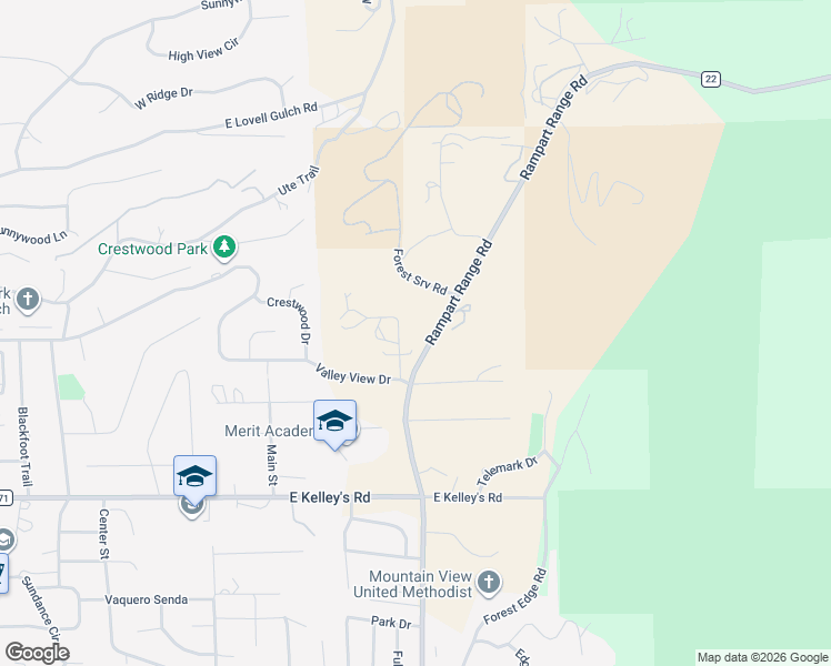 map of restaurants, bars, coffee shops, grocery stores, and more near 1380 Rampart Range Road in Woodland Park