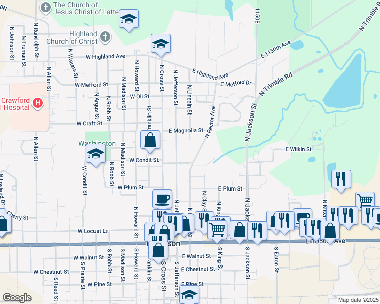 map of restaurants, bars, coffee shops, grocery stores, and more near 801-899 North Rector Avenue in Robinson