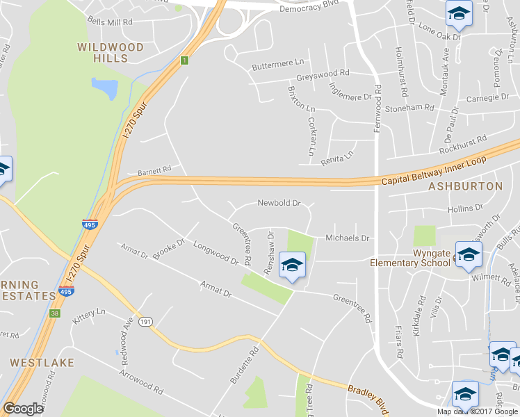 map of restaurants, bars, coffee shops, grocery stores, and more near 6804 Newbold Drive in Bethesda